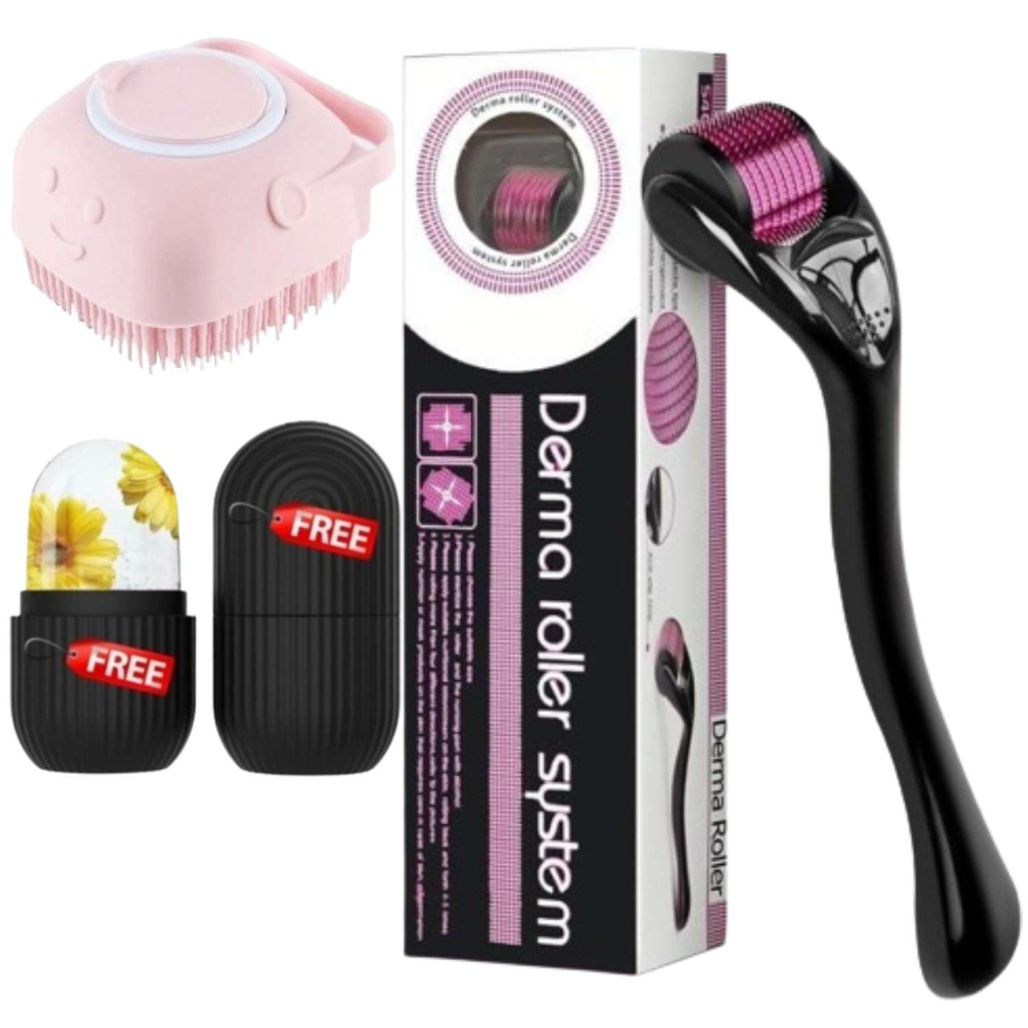 COMBO Ice Roller for Face Useful For Pimples/Glowing Skin/Scars & Derma roller for 0.5mm with 540 Micro Titanium Needles & Body Scrubber with Soap Dispenser Brush, Bath Loofah for Women/Men X3