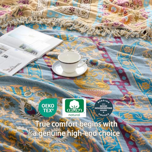Image of VANJOROY Boho Throw Blanket, 100% Organic Cotton Breathable Skin-Friendly Ultra Soft 60 inch x 80 inch Bed Quilt Throw - Floral Rustic Luxury Reversible Blanket for Sofa Couch Chair and Gift,