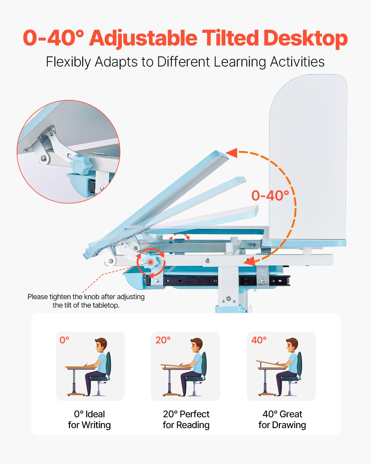 VEVOR Juego de Mesa y Silla de Estudio para Niños Capacidad de Carga de 100 kg, Ajuste de Altura del Escritorio de 54-73 cm, Mesa Inclinable 0-40° con estantería para Dormitorio, Estudio, Azul