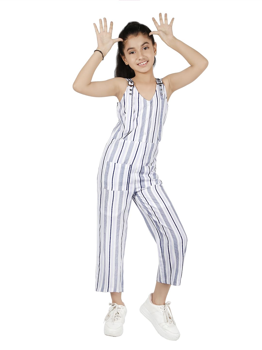 Naughty Ninos Girls Navy Blue Yarn Dyed Striped Pure Cotton Jumpsuit (Nn01026Drs_9-10 Years)