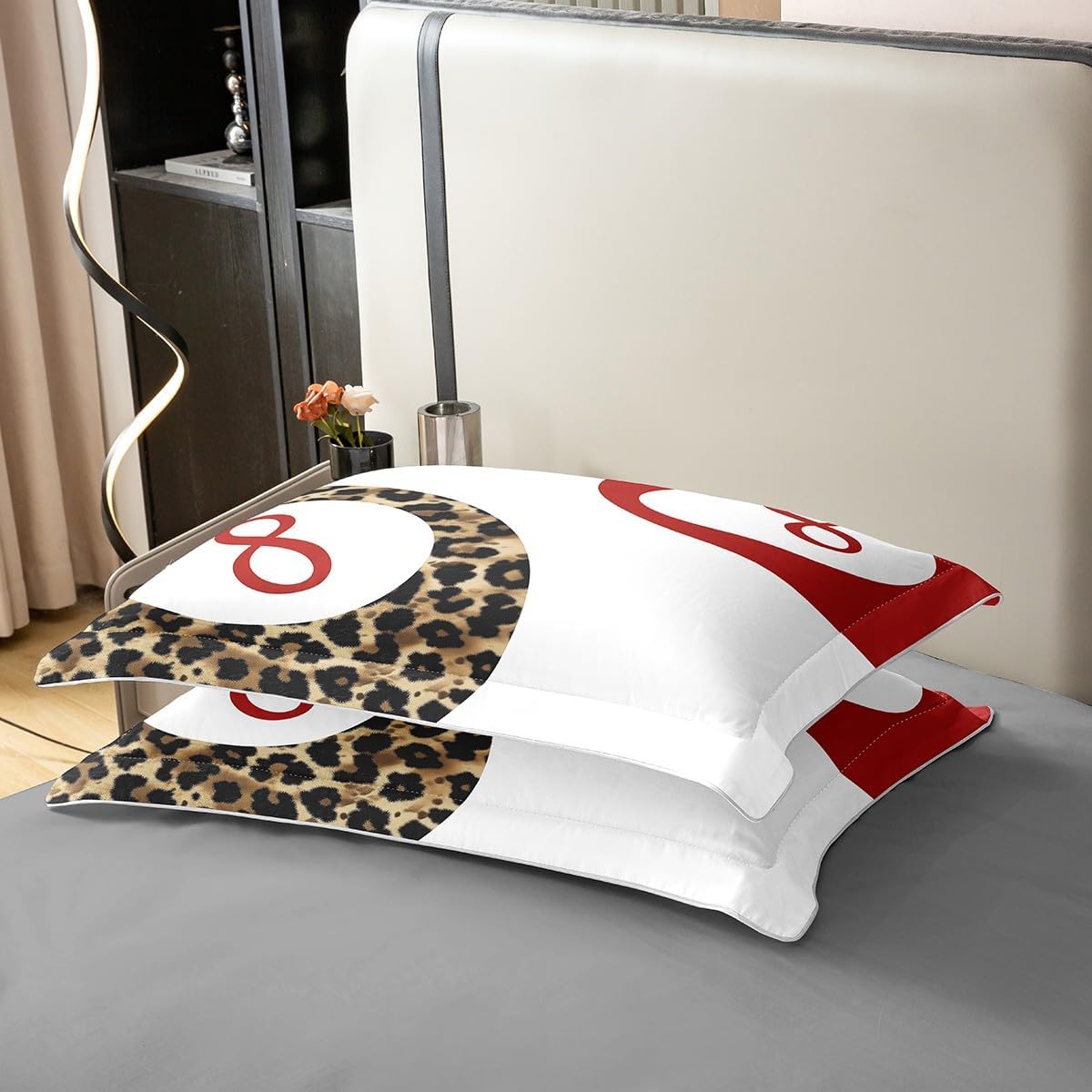 Manfei Lucky 8 Ball Kids Duvet Cover Set Queen Size 100% Cotton,Leopard Funky Y2K Coquette Bedding Set,Preppy Cheetah Trendy Girls Boys Room Decor,White Red Brown,2 Pillowcases(No Filler)
