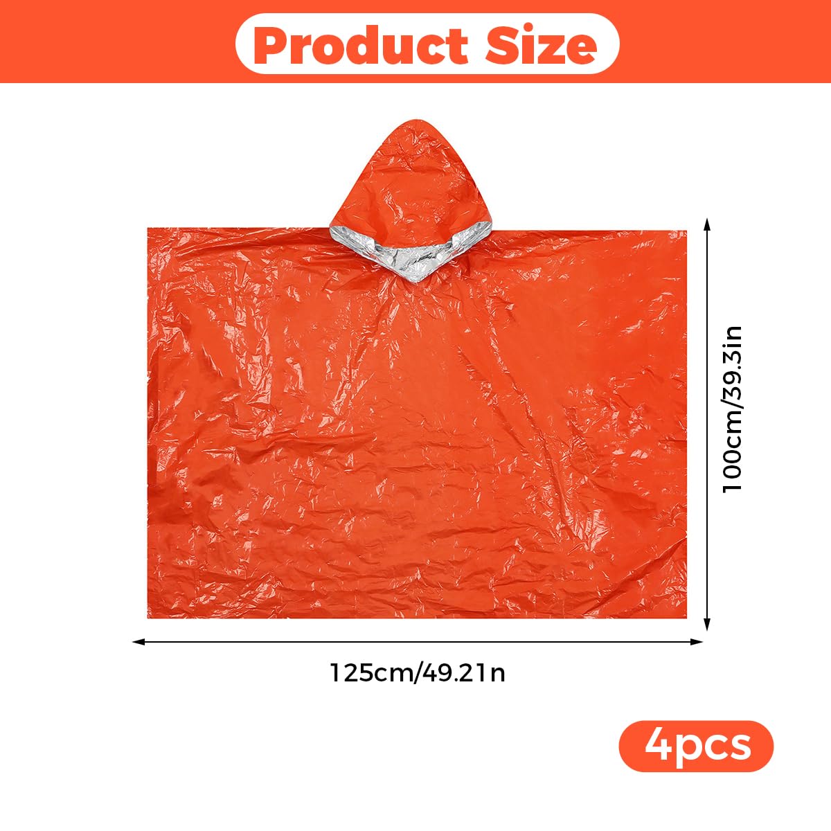 4 Piezas 125 x 100cm Poncho de Supervivencia, Poncho de Lluvia de Supervivencia de Emergencia, Manta Termica Supervivencias Ponchos, para Acampar, Senderismo, Emergencias (Naranja/Verde)