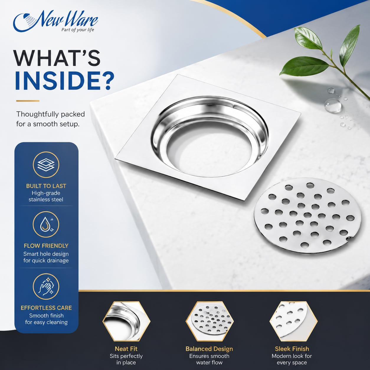 NEW WARE® Square 4x4 Inch Stainless Steel Bathroom Floor Drain Jali, Chrome Finish Anti Rust Heavy Duty Waste Water Grating, Shower Drain Cover, Kitchen Sink Strainer, Balcony Floor Trap Cover, Silver — Amazon image 2