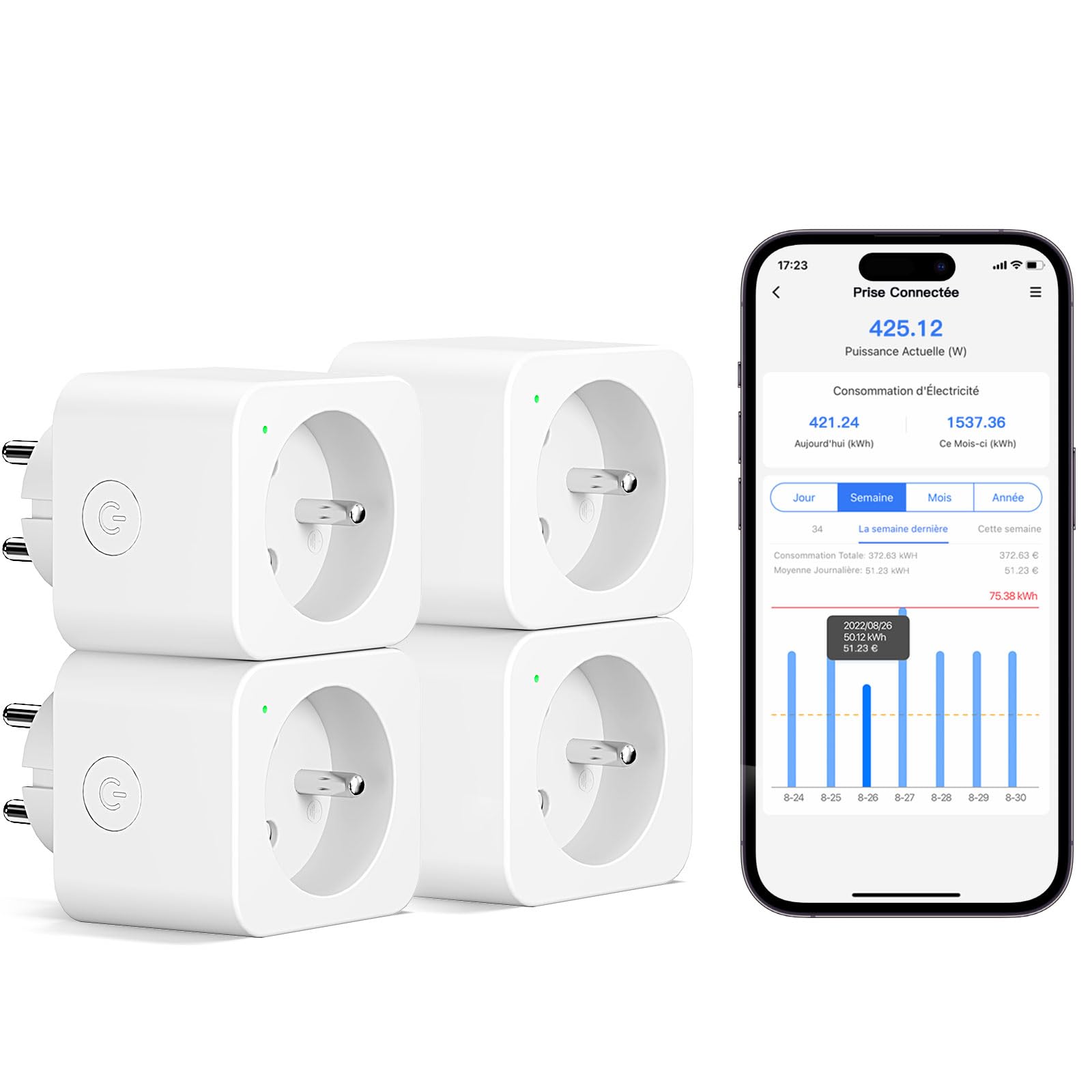Meross - Toma conectada (tipo E), 16 A, conector WiFi compatible con Alexa y Google Home, 4 tomas con medición de consumo eléctrico con control de voz, control remoto y configuración Bluetooth