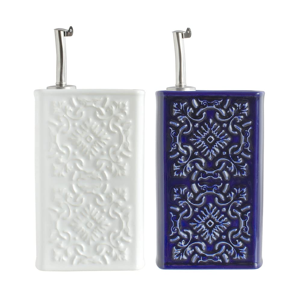 2er-Set Olivenöl-Spenderflaschen aus Keramiksteinzeug 500ml mit Spender, Blau + Weiss, AZULEJO, Cª Atlântica