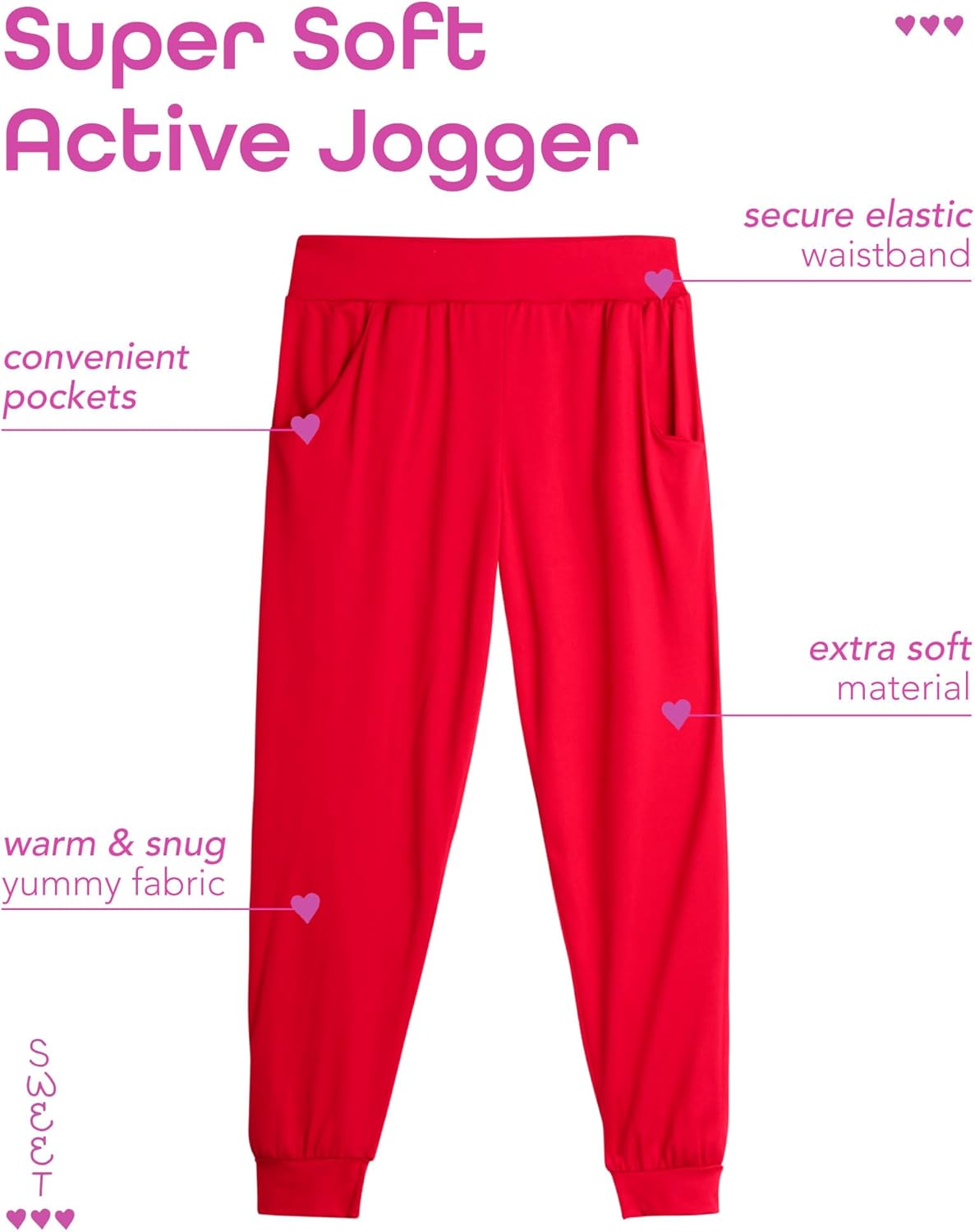 Sweet Hearts Girls Sweatpants - 3 Pack High Waisted Performance Jogger Girls Pants with Pockets: Made in USA (Sizes 5-18) - Image 3
