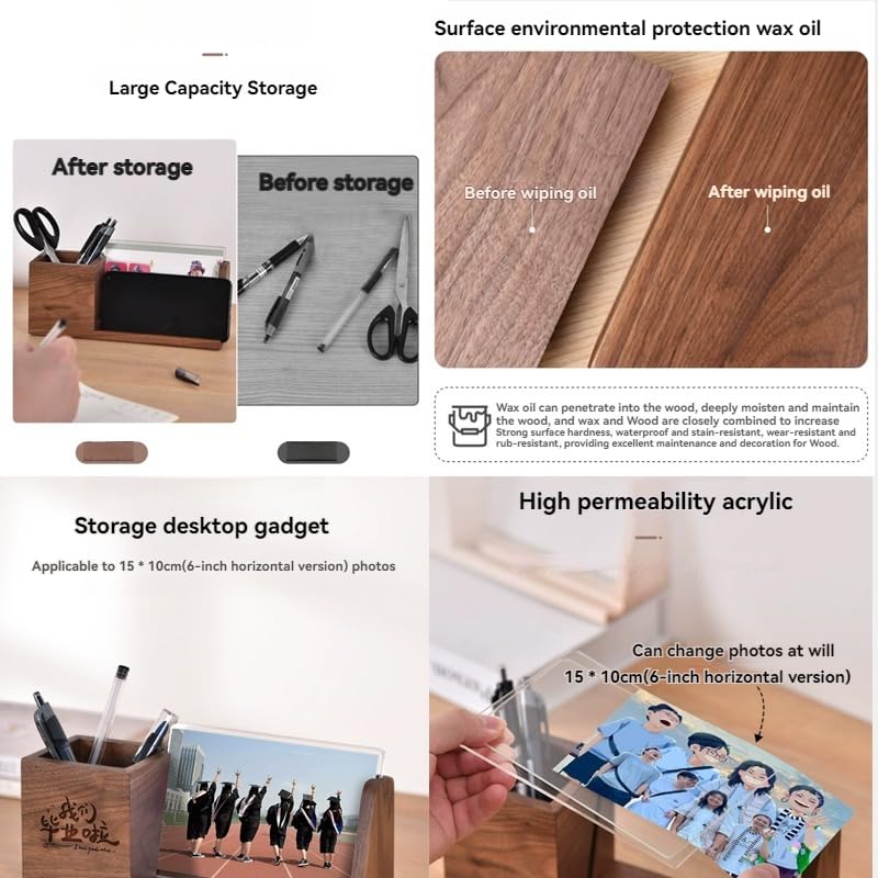 Portalápices de madera personalizado para escritorio con soporte para teléfono celular, grabado personalizado de texto/fotos, organizador de escritorio de madera maciza, regalos para compañeros de