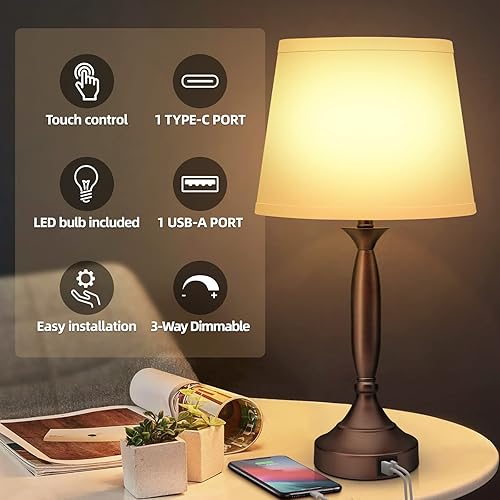 Miniatura 5 de Juego de 2 lámparas de noche de mesa táctil lámparas de mesita de noche de madera con puertos USB tipo C lámpara de escritorio tradicional para sala