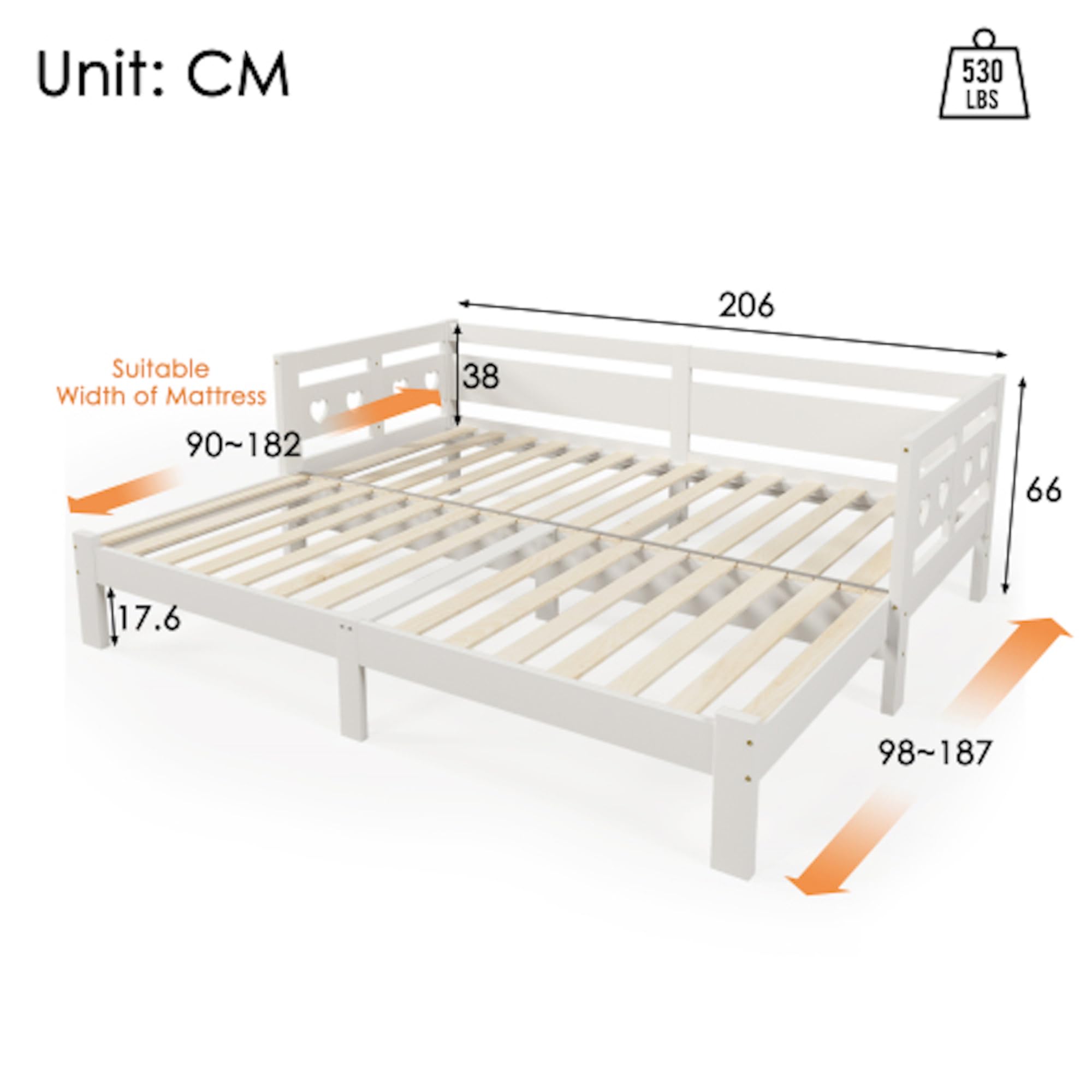 Letto estraibile 90 x 190/200 cm in pino massiccio con letto e rete a rotelle, letto per panca a 2 posti, bianco (90 x 200 cm)