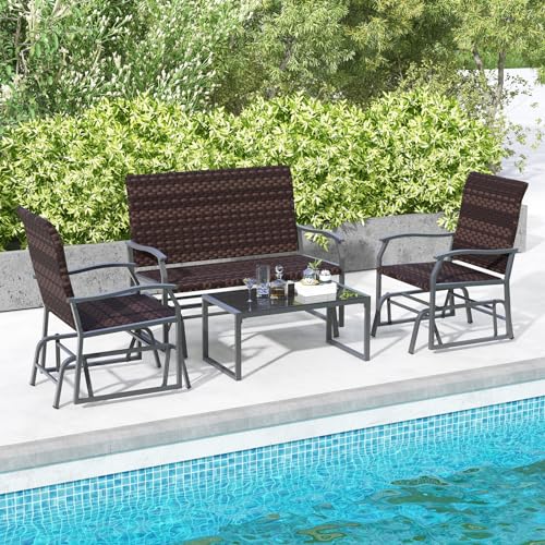 Image of Tangkula 4 Pieces Patio Gliding Set, All Weather Resistant Wicker Swing Glider Set w /Tempered Glass Coffee Table, Rattan Seat w /Quick Dry Foam, Rocking Chair Set for Backyard, Poolside, Front Porch