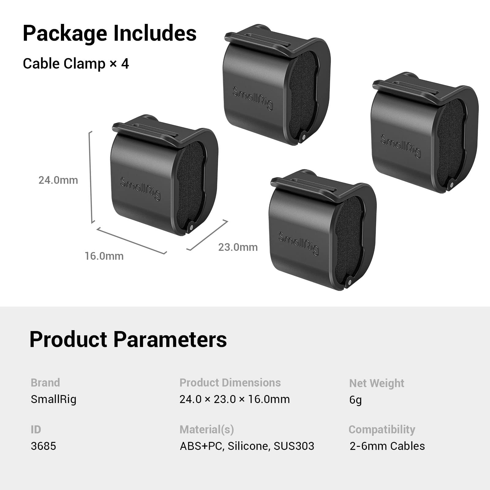 SMALLRIG Morsetto per Cavo per Fotocamera (4 pezzi) per Cavo HDMI/SDI/Microfono, Supporto per Montaggio con Blocco del Cavo per Fotocamera DSLR Cavo da 2-6 mm - 3685