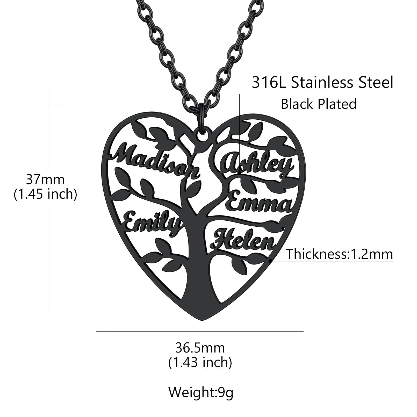 Custom4U Collana Cuore con Nome Personalizzat 1/2/3/4/5/6/7/8 Nome Collana Acciaio 50+5 CM Alta Qualità Famiglia Nome Traforate Albero della Vita Portafortuna BFF Regalo Creativo