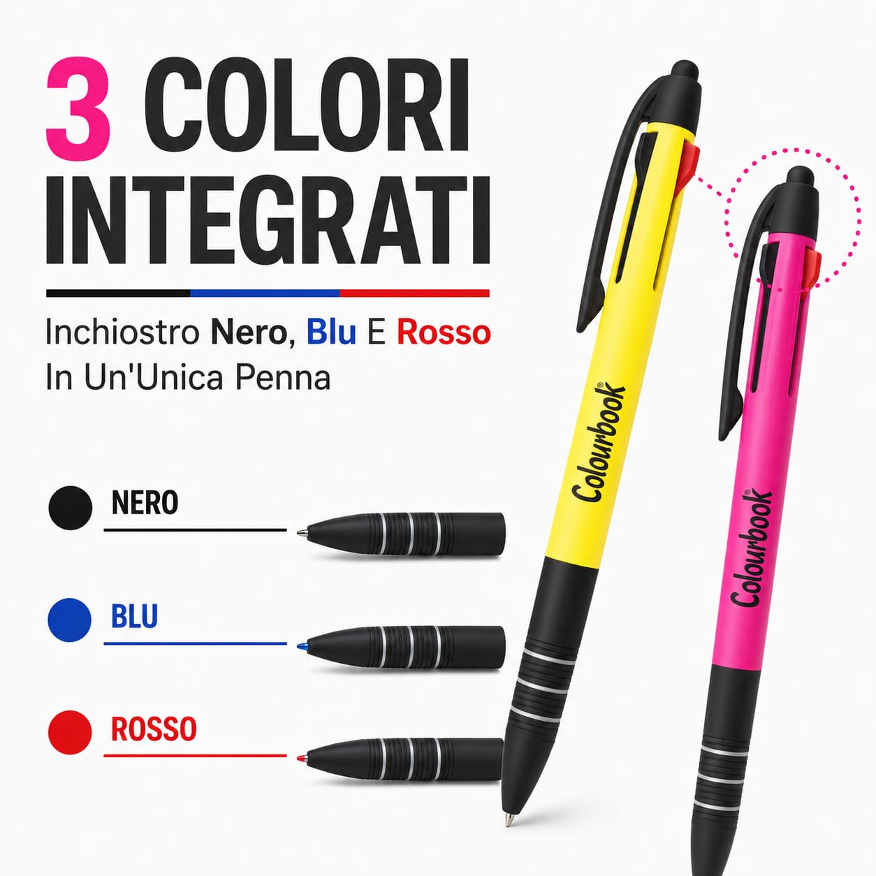 Colourbook Set 40 Penne Multiscatto 3 Colori Con Touch Screen, Penne A Sfera Punta 1 Mm Nero Blu Rosso, Fusto Fluo Assortito, Grip Antiscivolo, Penne Ufficio Scuola