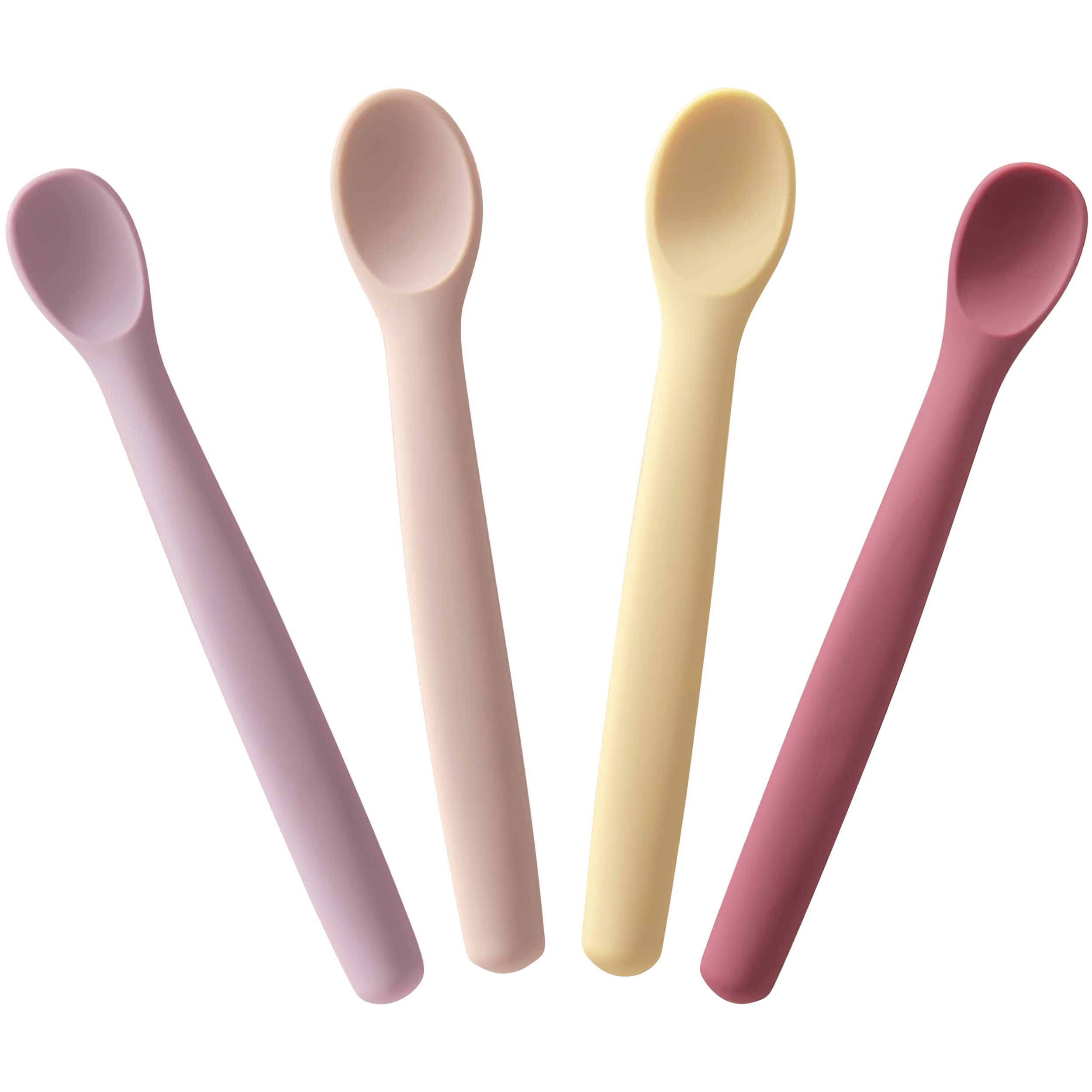 Moonkie Silicone Baby Spoons Set of 4, Soft-Tip Spoon for First Stage Infant Feeding, Bendable, Chewproof & Boil-proof Baby Training Spoon (Raspberry/Pale Mauve/Daffodil/Blush(Without Case)), SP-DX1