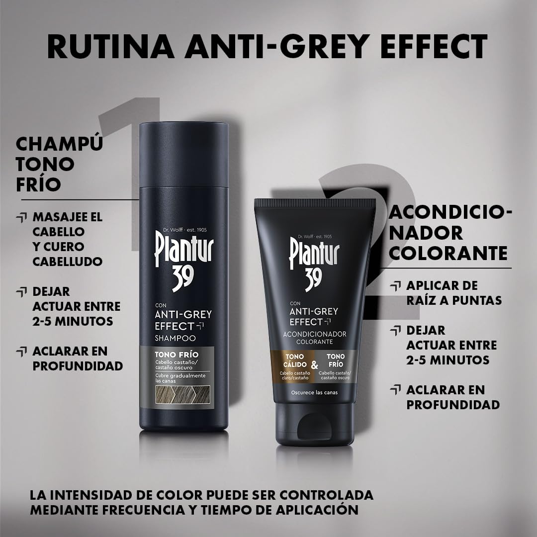 Plantur 39 Anti-Grey Effect Set con champú (200 ml) y acondicionador colorante (150 ml) – Para tonos fríos y cabello oscuro – Cubre progresivamente las canas y oscurece el cabello