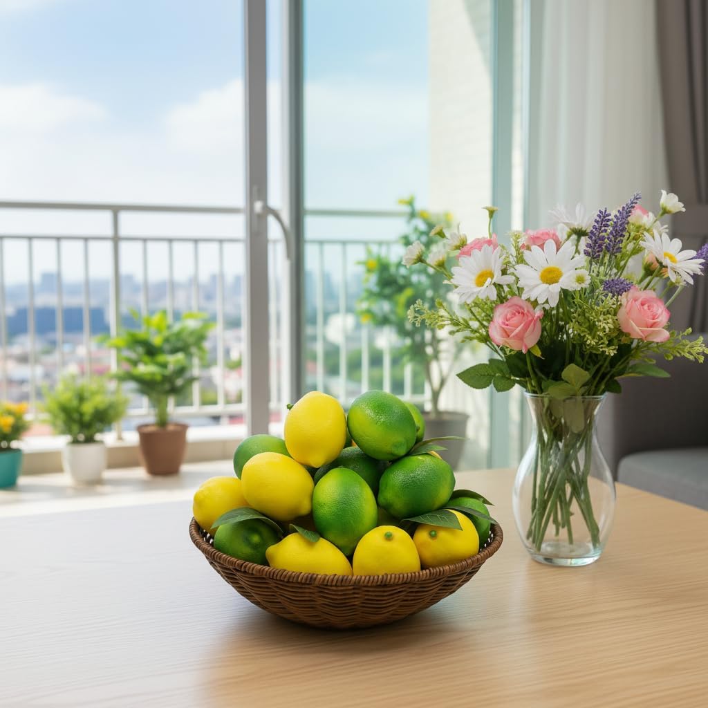 13Pcs Fake Lemons Lime Lifelike Plastic Lemon Decorations Artificial Limes with 8 Lime Leaves Fake Green Lemon Faux Fruit for Home Kitchen Table Bowls Vase Fillers Photography Prop(Green)