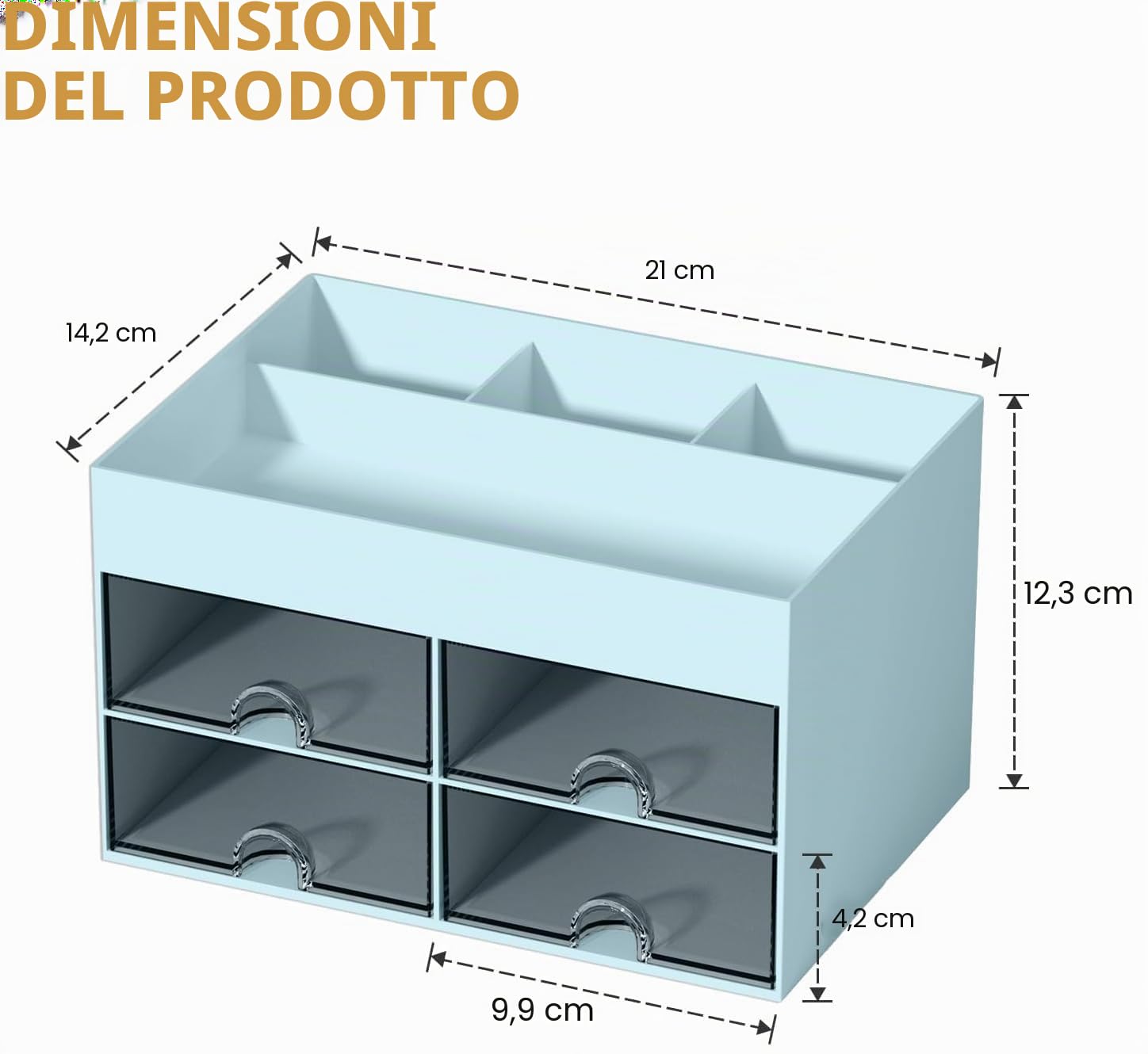 KAHEIGN Organizzatore da Scrivania con 4 Cassetti, 19CM x 14CM Organizer da Scrivania Multifunzionale Portapenne di Grande Capacità Organizzatore di Trucchi per Ufficio Scuola Casa Tavolo (Blu)