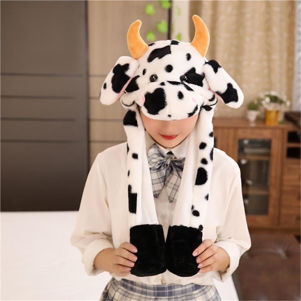 Bonito sombrero de animales con orejas móviles, vaca lechera, correa de felpa Kawaii, juguetes divertidos, accesorios para fotos, niñas, esquí, ganado marrón