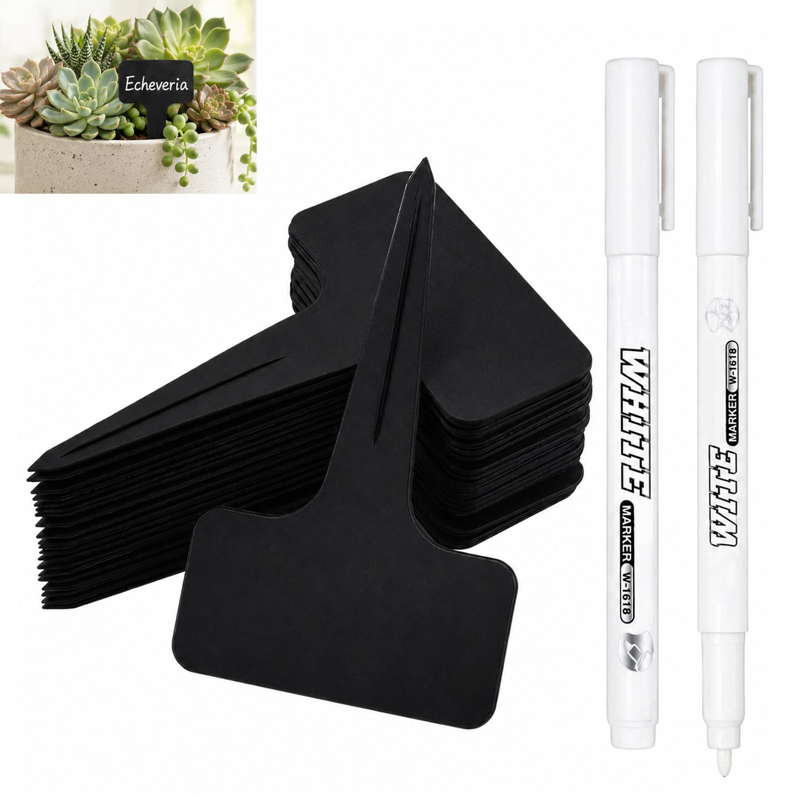 120 Stück Pflanzenschilder zum Beschriften, Pflanzenstecker Plastik Kunststoff Schwarz mit 2 weiße Markierstifte T-förmige Pflanzenetiketten Wetterfest Wiederverwendbar Gartenetiketten Kräuter Gemüse