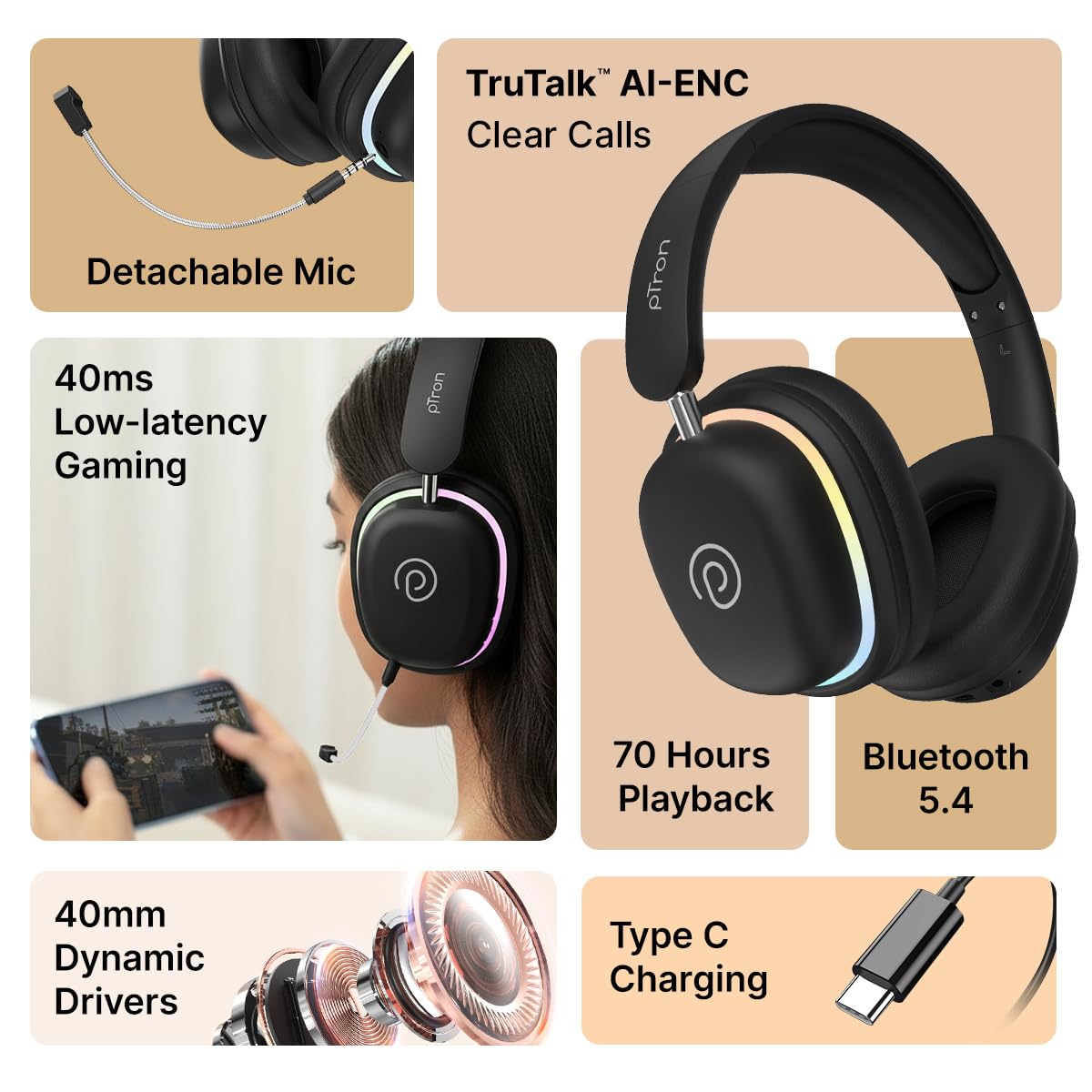 pTron Studio Xtreme, 70hrs Playtime, 40ms Low-Latency, Dual Device Pairing, Wireless Over Ear Headphones w/Detachable Mic & TruTalk ENC Calls, 40mm Drivers, RGB Lights, BT5.4 & Type-C Charging (Black) — Amazon image 2