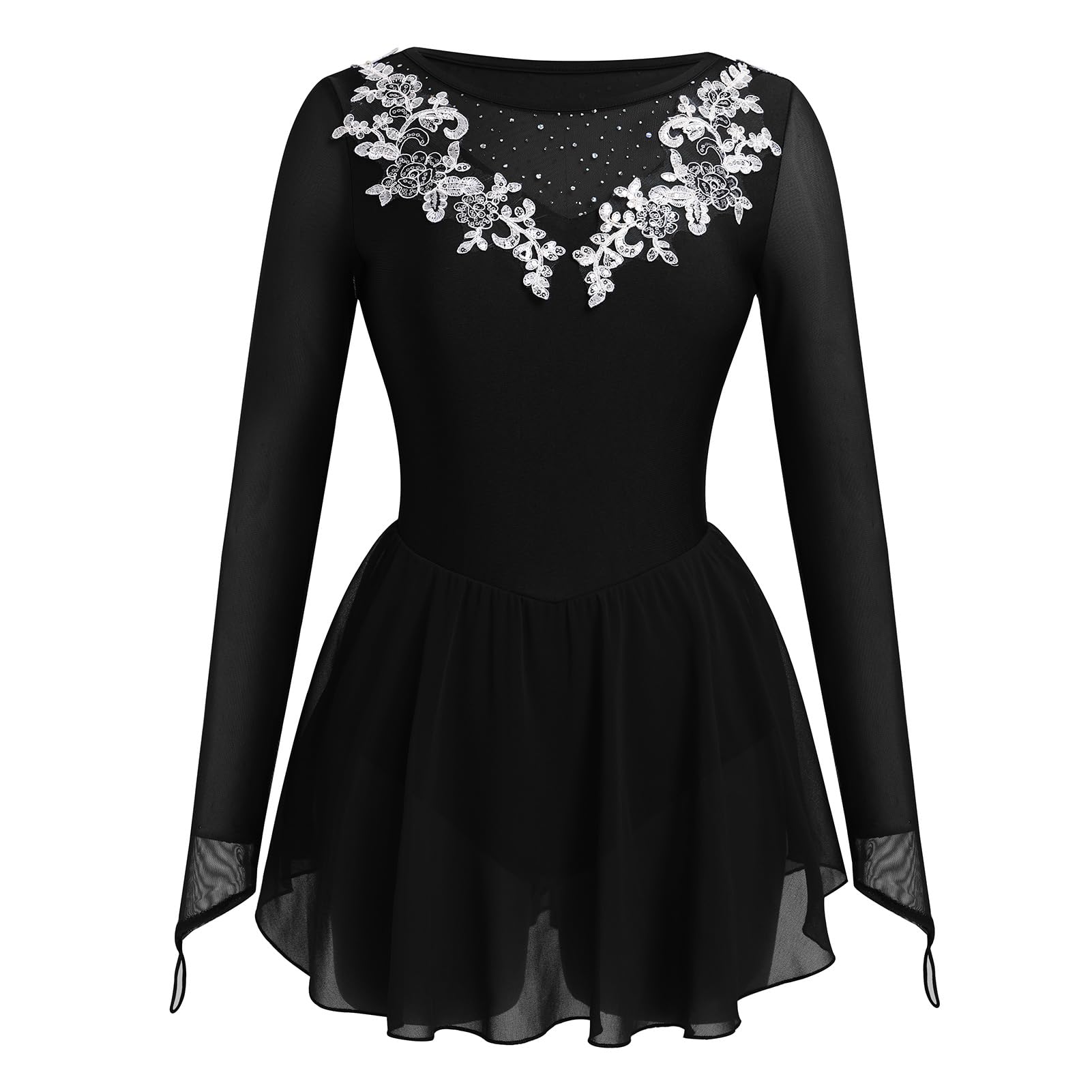 ODASOD Women Figure Ice Skating Dress Rhinestone Embroidery Mesh Long Sleeve Leotard for Gymnastic Competition Practice