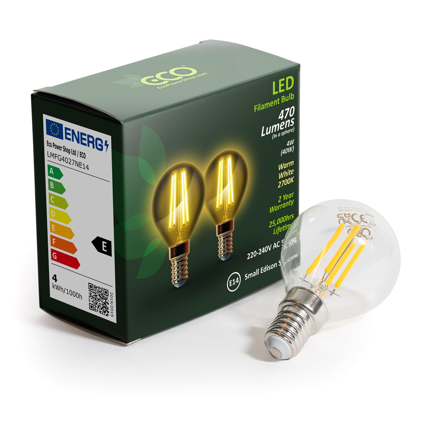 ECO 4W Golf Ball LED Filament Light Bulb (G45), 40W Equivalent, 470 Lumens, Warm White 2700K, E14 Small Edison Screw (SES), Non-Dimmable, 25,000hrs Lifetime.