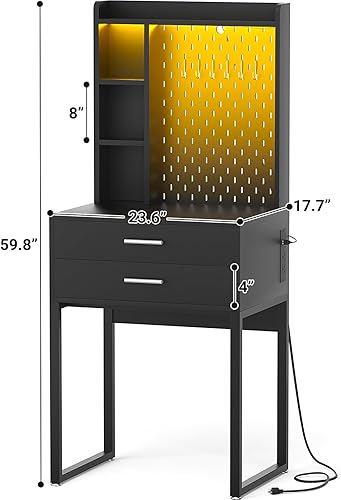 Miniatura 7 de Escritorio pequeño de tocador con aparador y cajones, escritorio de tocador de maquillaje negro con estación de carga, mesa de tocador con luces