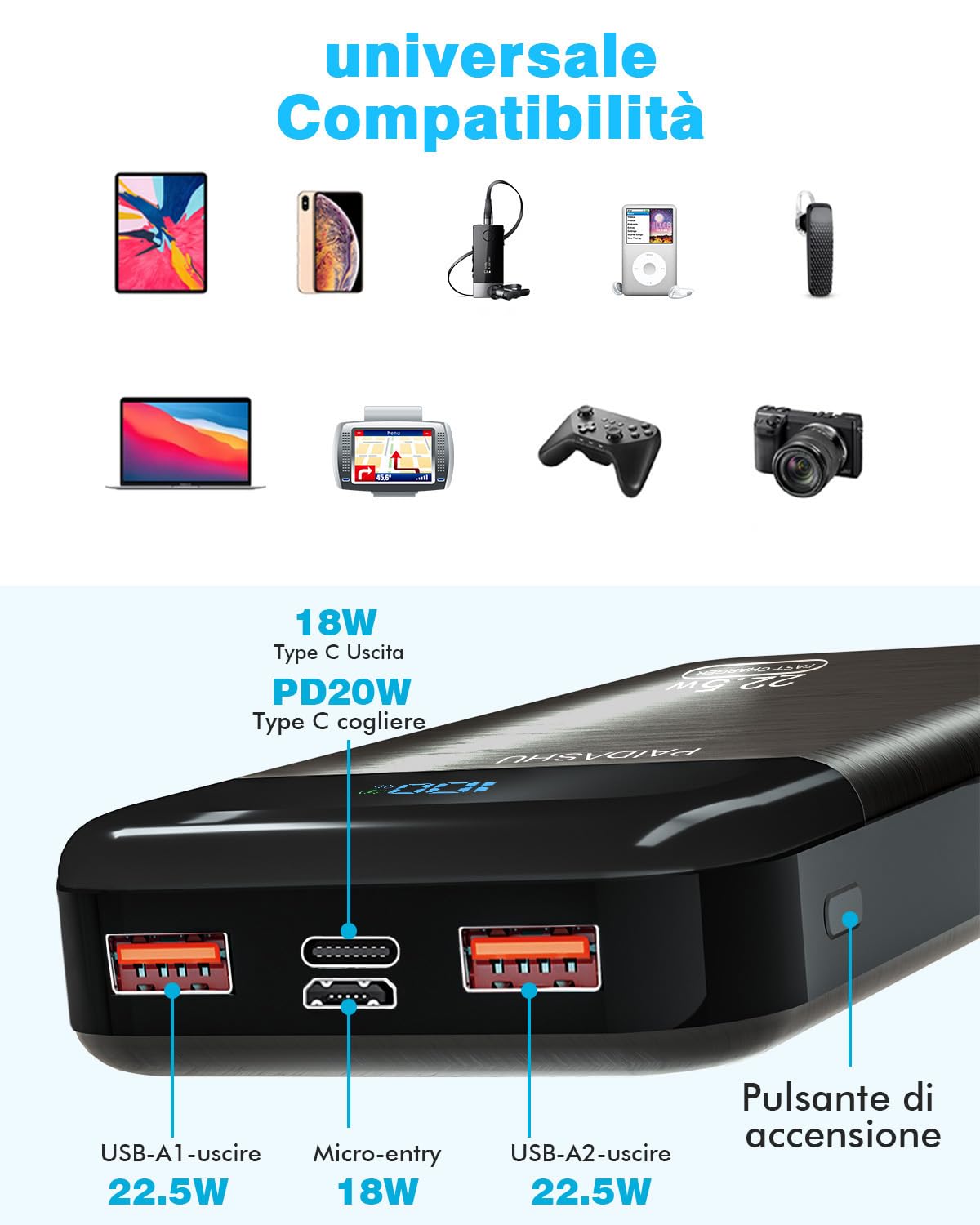 Power Bank 27.000mAh 22.5W PD3.0 QC4.0 Ricarica Rapida Batteria Esterna 3A USB C Caricatore Portatile con LCD Display Digitale 3 Uscite e 2 Ingressi per Smartphone and more