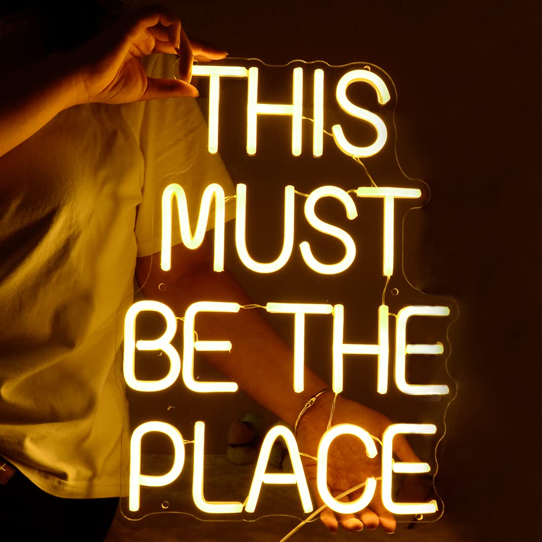 Planzo This Must Be The Place LED Neon Sign Light for Home Bedroom Cafe Bar Pub Hanging Wall Decor Sign USB Anniversaries Wedding Birthday Party Backdrop Christmas Gifts 16.5"X12.2" Warm