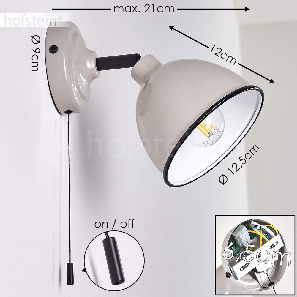 Lampada da parete Catharine, lampada da orientabile in metallo in grigio/bianco/nero, 1 luce, E14, spot da parete in design retrò, con cavo a strappo per accensione/spegnimento, senza lampadina/e