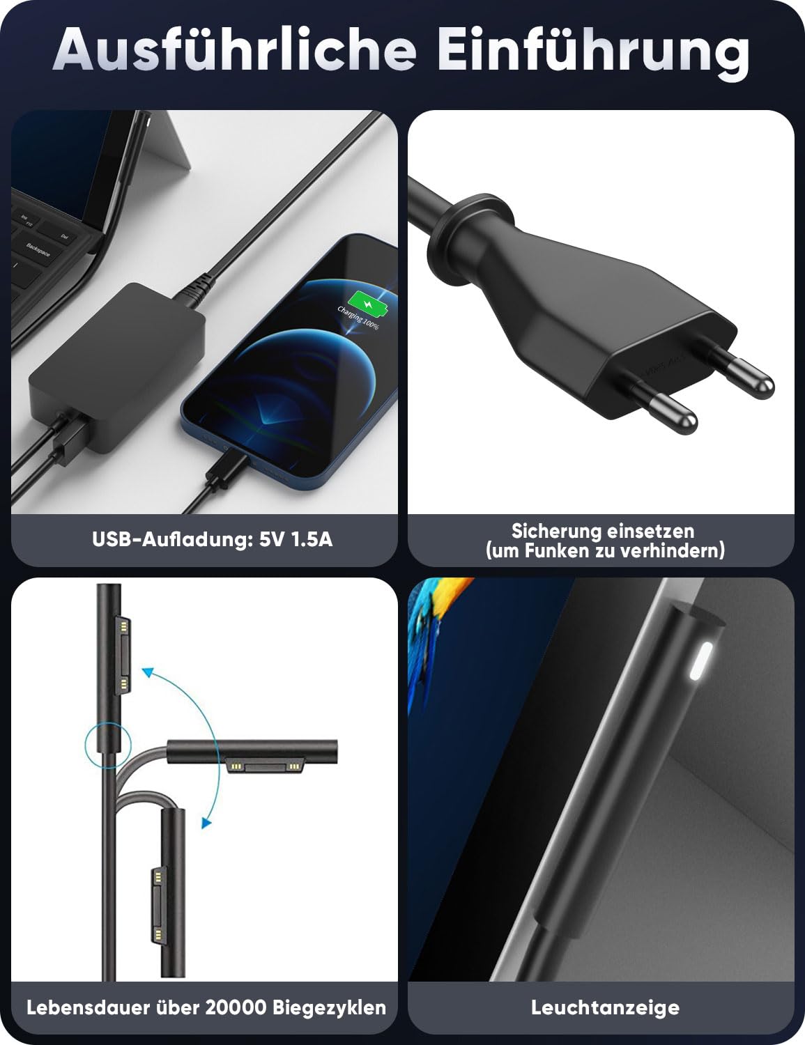 127W Surface Ladekabel für Microsoft Surface Netzteil 127W 102W 65W 44W 36W | Ladegerät für Surface Book 3/2/1, Surface Laptop Studio 2/1, Windows Surface Pro/Laptop/Go, 10FT-Kabel mit Magnetstecker, LED