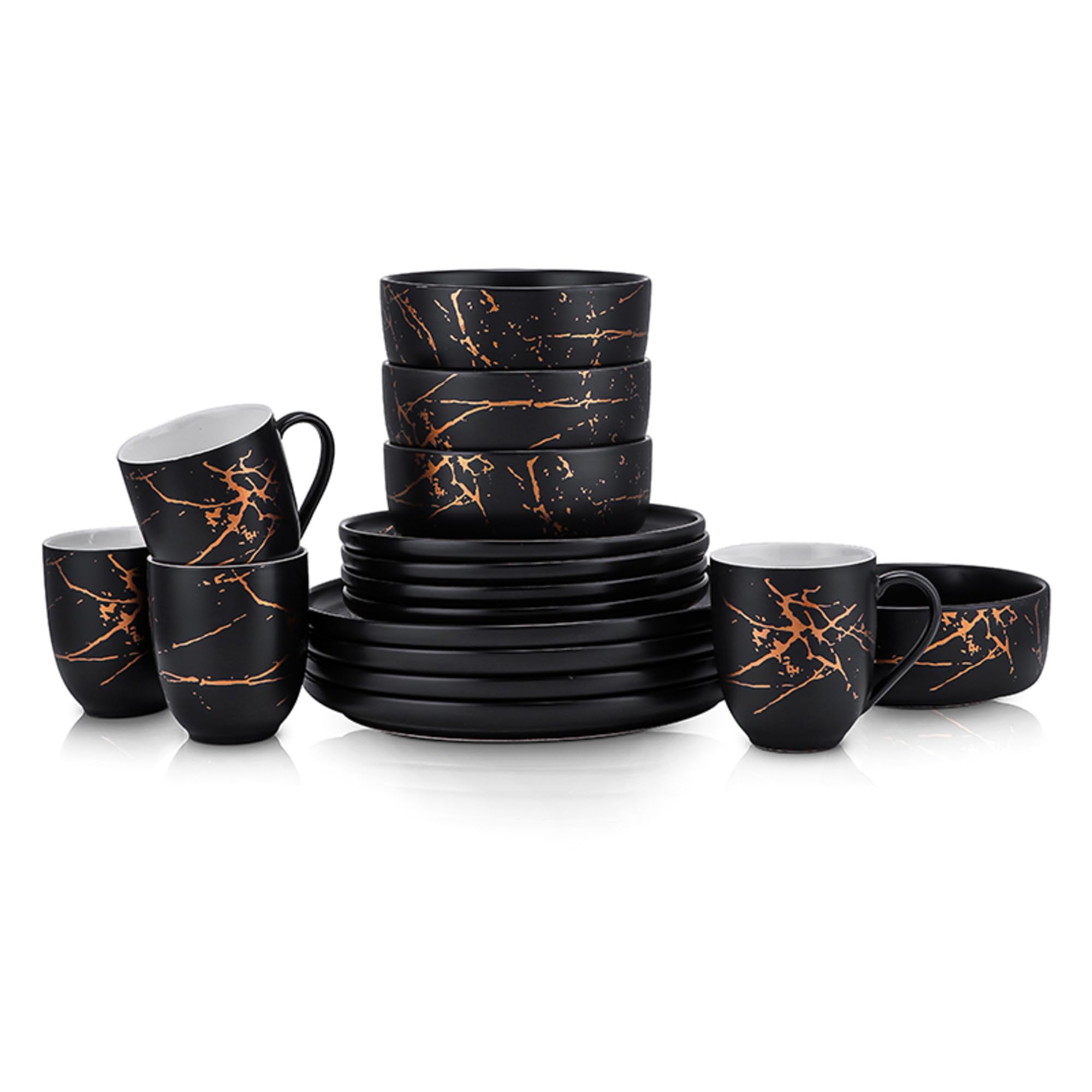 Stone Lain Porcelain 16 Piece Dinnerware set, 4 Full Black Gold Splash Sets