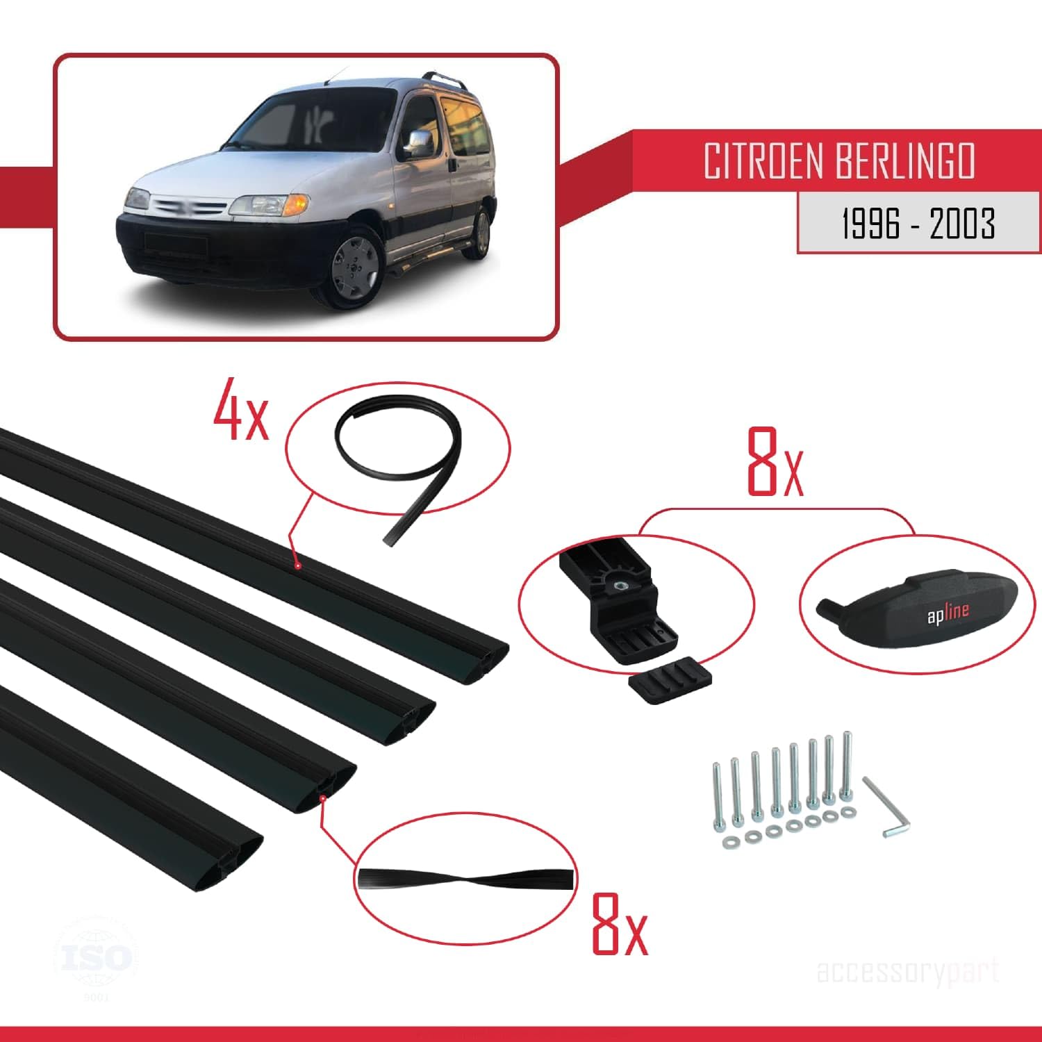 Kompatybilny z Compatible with Citroen Berlingo (M49) 1996-2003 BASIC Model Aluminiowy bagażnik dachowy 4 poprzeczki, czarne