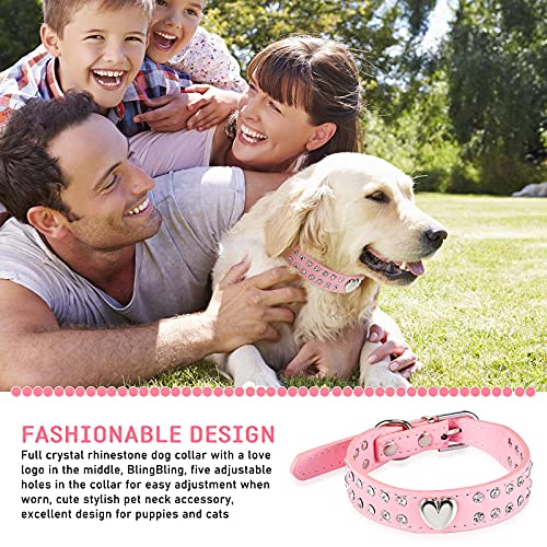 Kristall Hundehalsband Bling Strass Welpenhalsband mit Nieten PU Leder Haustier Halsband Verstellbares Halsband für Kleine und Mittelgroße Hunde (Herz Kristall, 37 x 2 cm)