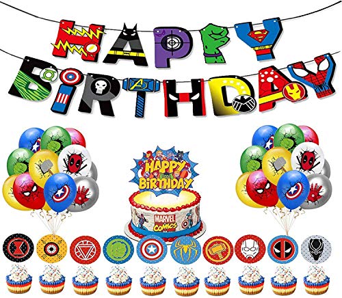 Superhero Party Supplies Kit -Superhero Avengers Party Supplies, 24 Pcs Balloons, 11Pcs Cake Topper, 1 Pcs Banner for Kid's Superhero Birthday Party Decoration, Superhero Theme Party Decorations