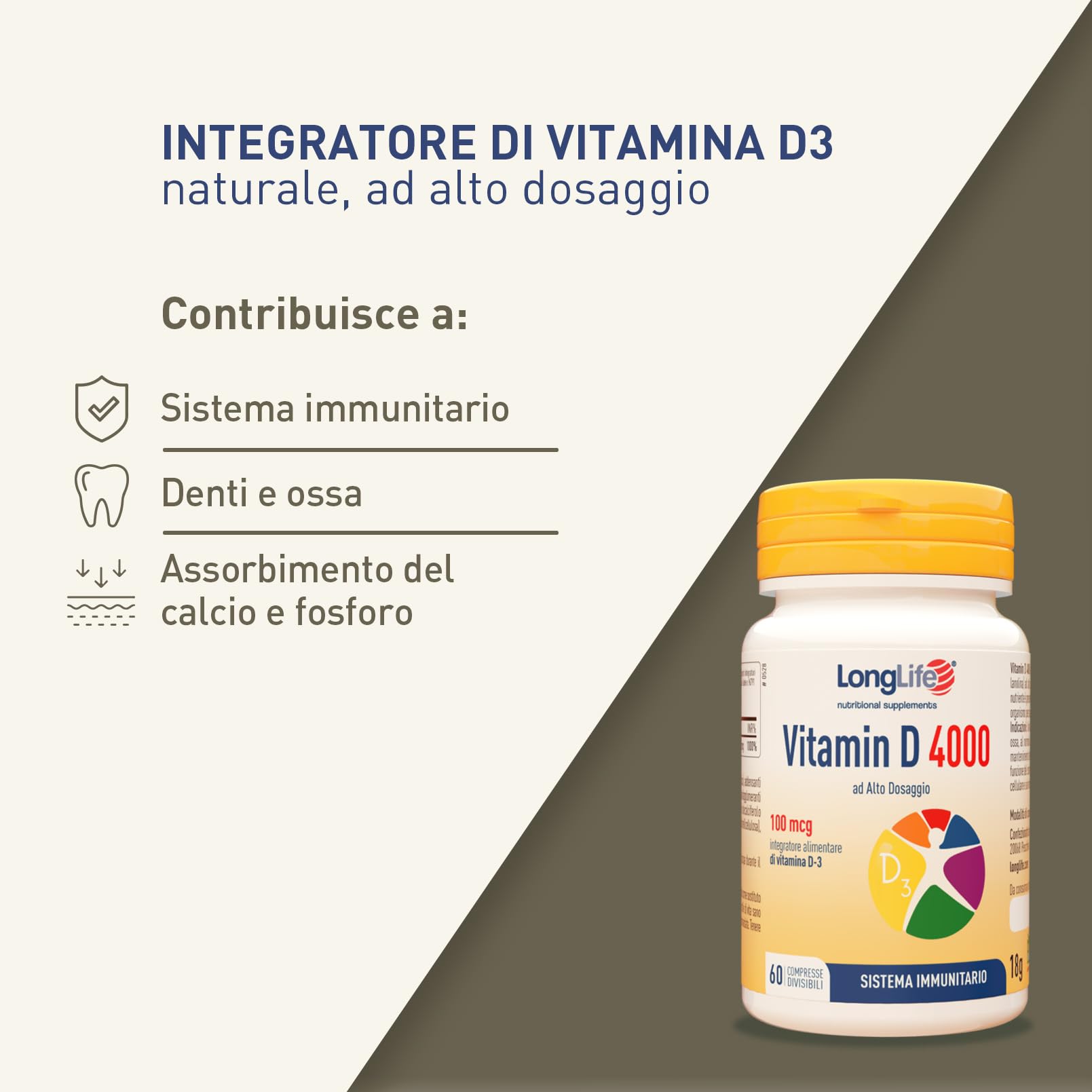 LongLife® Vitamin D 4000 | Vitamina D3 naturale | Alto dosaggio | Difese immunitarie, ossa e denti | Metabolismo del calcio | Fino a 100 giorni di trattamento | Senza glutine e vegetariano