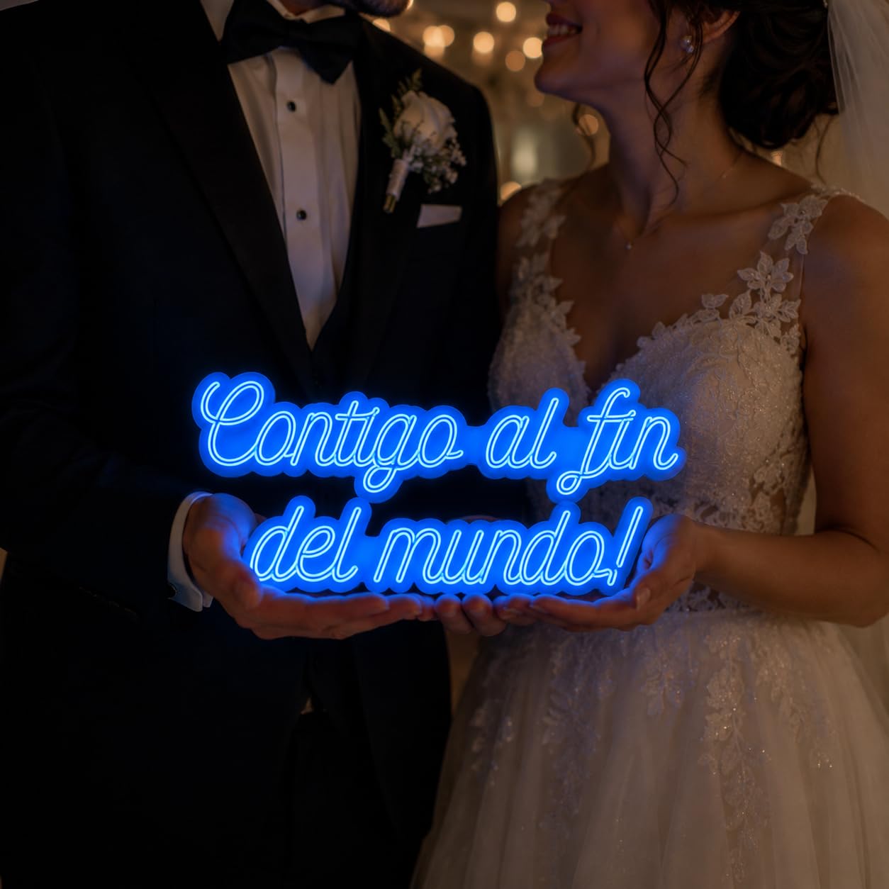 Letrero led neón flex BODA contigo al fin del mundo! cartel metacrilato transparente medidas 60 cm x 27 cm alimentacion 12 v