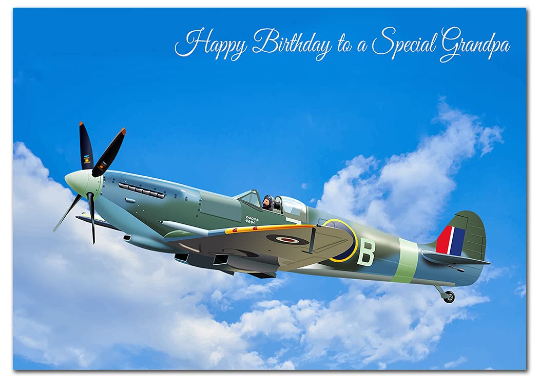 Extra Large Grandpa Birthday Card - XL Big thick A4 size - Special Traditional Bday Greeting Men Him - Unusual Cool WW2 Spitfire Airplane Plane Art - Huge Happy Wishes - UK Eco-Friendly — image 1