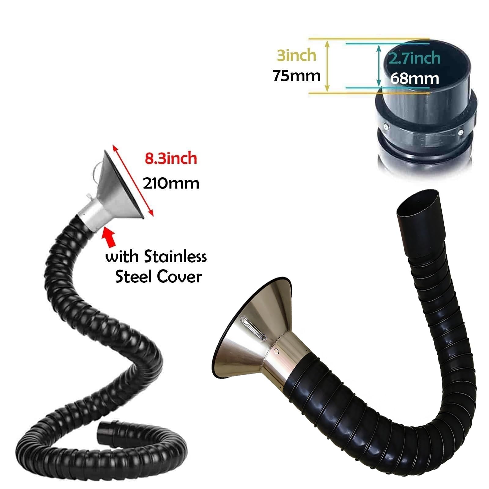 Brazo Extractor de Humos de 0,8 a 3 m, conducto Flexible y moldeable para Gases residuales industriales, con válvula Ajustable, para fábricas, talleres y Laboratorios (L 1 m, DI 68 mm).