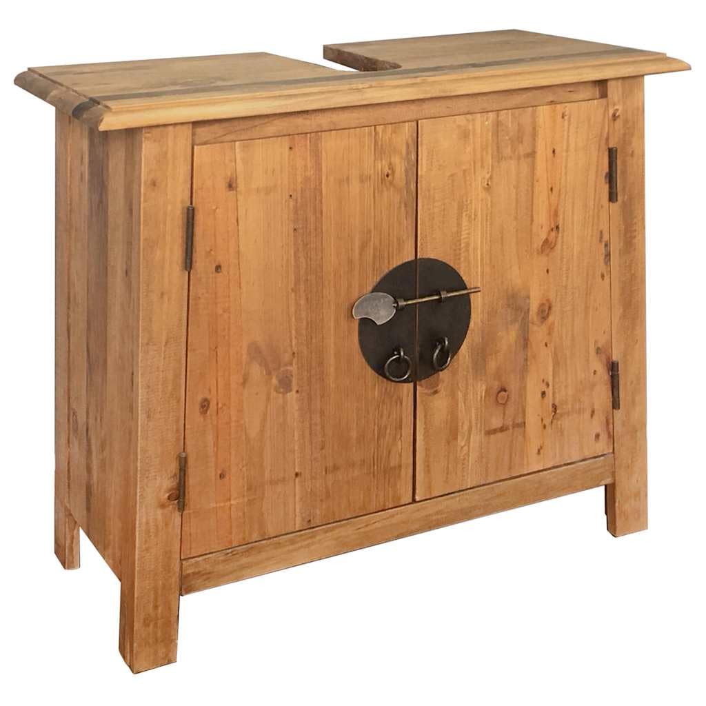 Zestaw mebli łazienkowych z litego drewna sosnowego z szafką pod umywalkę i lustrem, 70 x 32 x 63 cm, zestaw mebli łazienkowych w stylu vintage, zajmuje mało miejsca, z miejscem do