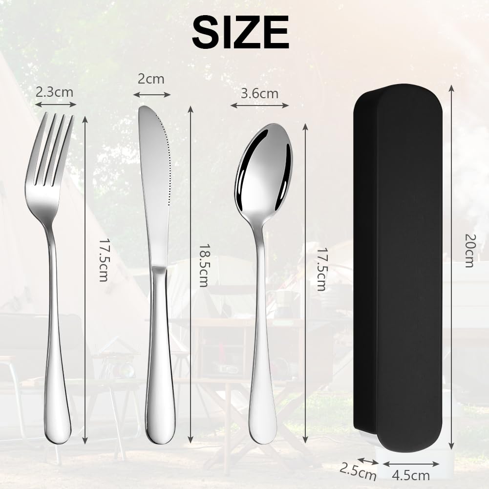 HOTUT 3 Pezzi Posate Da Campeggio Kit con Borsa Portaoggetti, Set di Posate Acciaio Inox, Finitura Lucida Lavabili in Lavastoviglie, Posate Da Viaggio in Argento con Cucchiaio Forchetta Coltello
