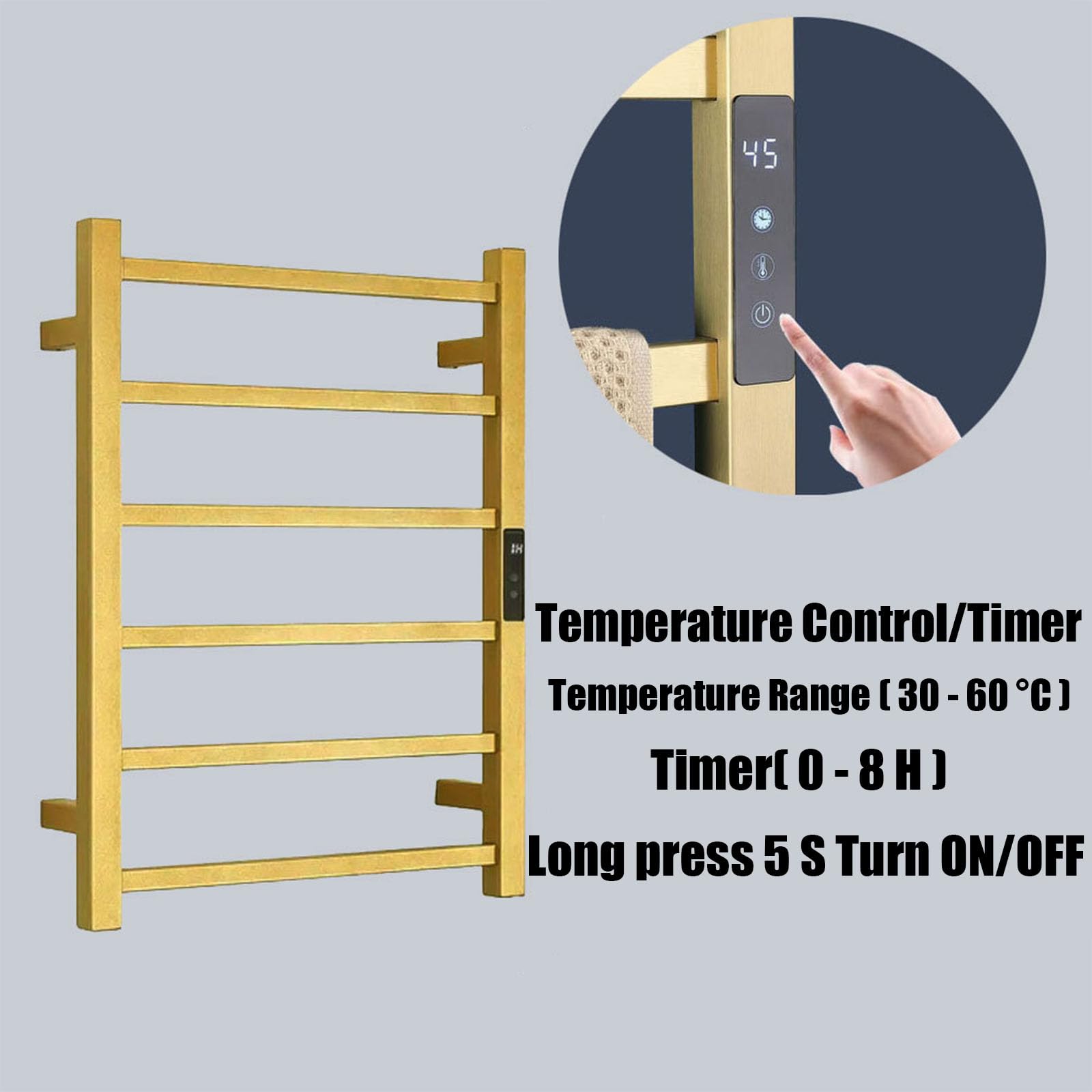 Secatoallas Electrico Pared con Temporizador,Control Táctil Toallero De Baño Electrico,Radiador Electrico Bajo Consumo Termostato,Oro,Right Line