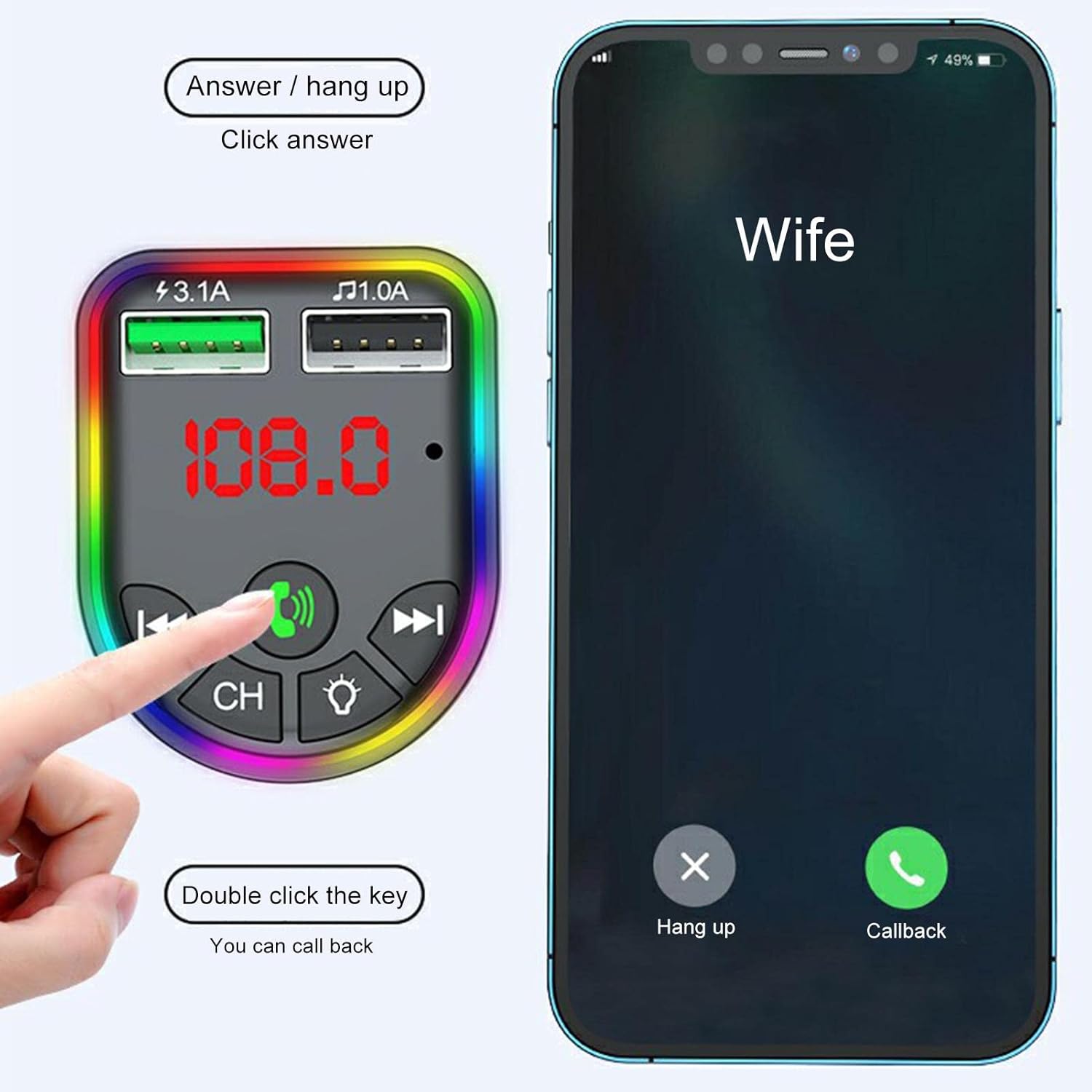 QUMOX F5 Auto Bluetooth 5.0 Lettore MP3 Trasmettitore FM Vivavoce Ricevitore Audio Dual USB Caricatore rapido Supporta TF Card/U Disk - Immagine 5