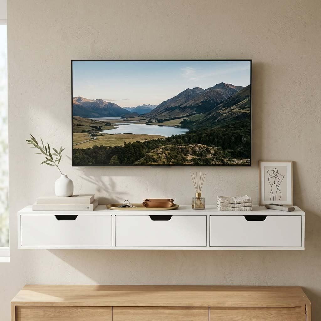 30 Inch Floating Wall Shelf with 3 Drawers | Engineered Wood Wall Mounted Storage Shelf for Living Room, Bedroom, TV Unit & Entryway | Modern Space Saving Drawer Organizer ( Glossy Finish) (white)-image-25