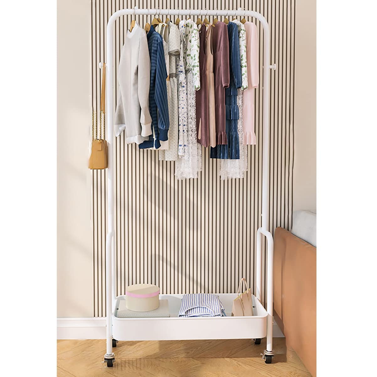 XDLEDMKIZ Stylish 360° Rolling Metal Coat Rack with Basket - Freestanding Clothes Stand for Coats, Shirts, and Skirts - Beige with Shelf for Entryway nization