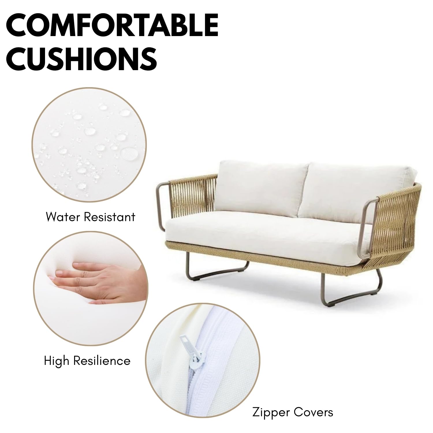 Mymigos Outdoor 5pcs All-Weather Rope Sofa Conversation Set with Cushioned Chair, Ottoman & White Marble Center Table for Garden, Terrace, Balcony, Poolside (Beige & White) 3