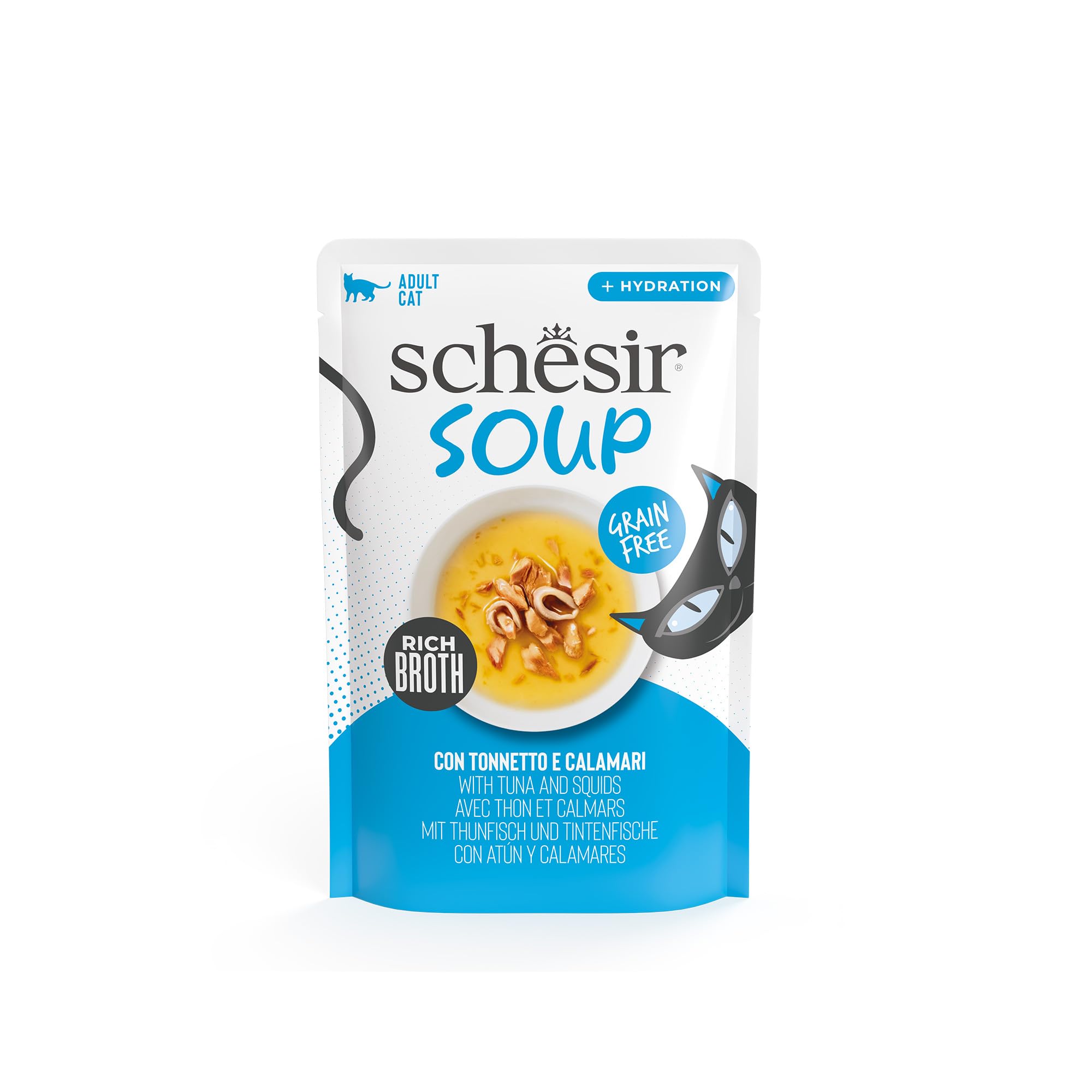 Schesir, Zuppa con Filetti di Tonno e Calamari, in busta, Cibo Umido Complementare per Gatti, Ricetta Originale, 100% Naturale, Cruelty Free, 12 x 40g