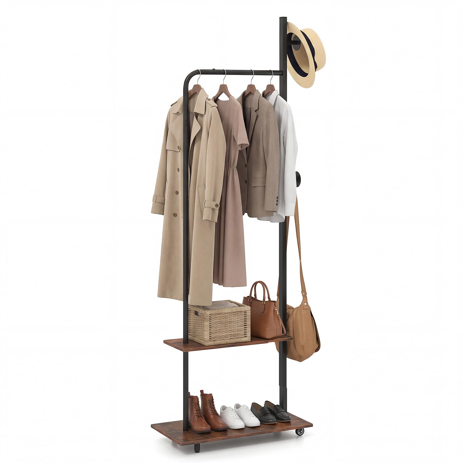 COSTWAY Appendiabiti da Terra, Attaccapanni con Ruote 2 Ganci e 2 Ripiani, Porta Abiti in Legno per Ingresso Camera Salotto, 60 x 30 x 175 cm