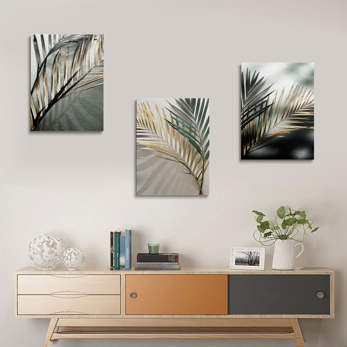 prinfantasy Wall Art 3 Panels Framed Canvas Wall Leaves Pictures Printing Painting Poster Wall Decor for Bedroom Living Room Bathroom Office 40x30cmx3Pcs - Image 2