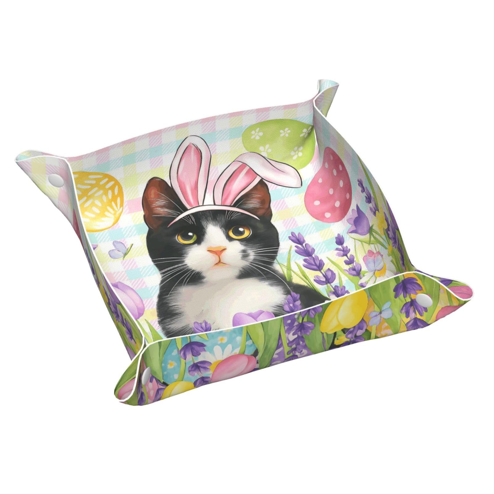 HLBSDM Easter Cow Cat Wearing Bunny Ears Tray Men's Leather Valet Parking Portable Entrance Trays Bedside Storage Box